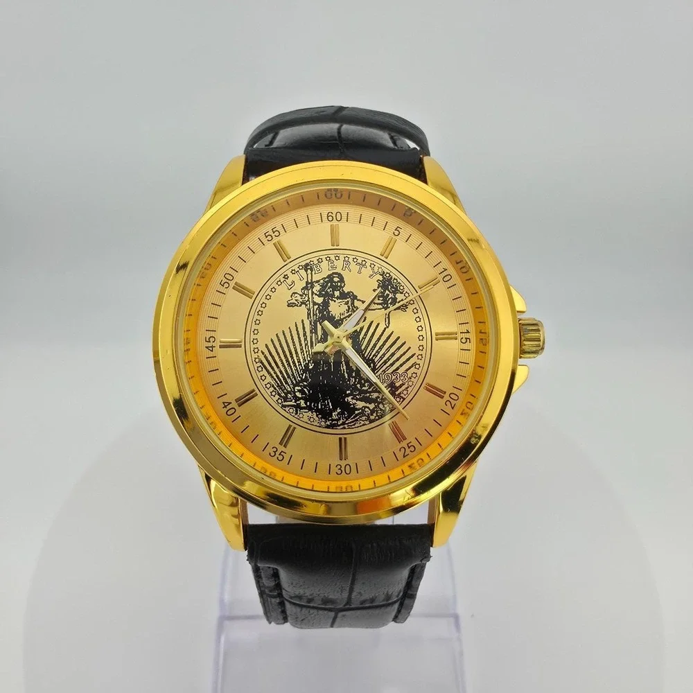 Lady Liberty Men's Watch Commemorative Double Gold Faux Leather Gold Tone 8.5